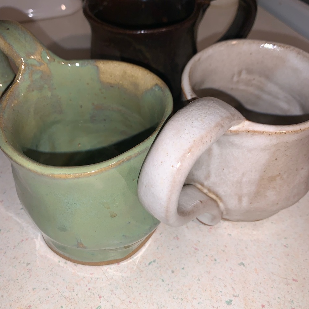 3 Handcrafted Pottery Mugs in Green and Brown and cream colours